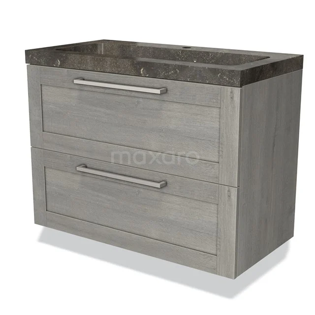 Bathroom unit with grey wood look, 2 drawers, and dark marble basin worktop, ideal for modern bathroom design.