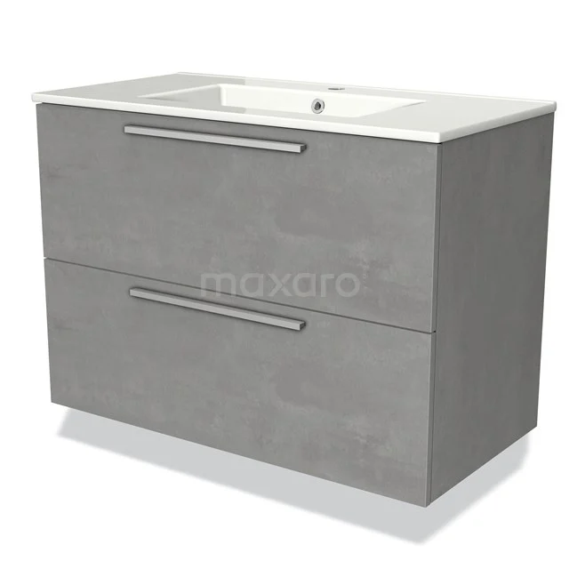 Grey bathroom furniture set with basin, modern design and two drawers, ideal for stylish and practical bathroom storage.