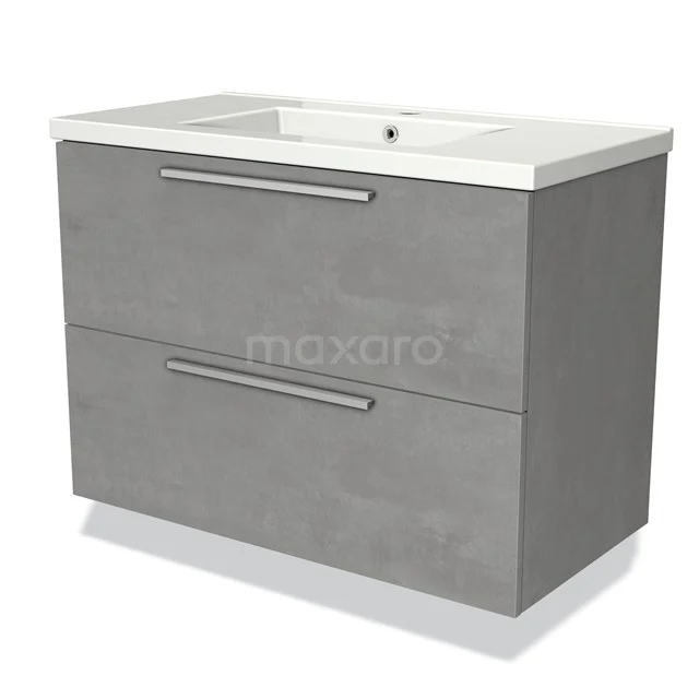 Modulo Vanity units with basin | 90 cm Light grey concrete Flat front Ceramic 2 Stacked drawers BMW17-02258 Grey bathroom furniture set with two drawers, concrete-look finish and integrated basin, modern and sleek design.