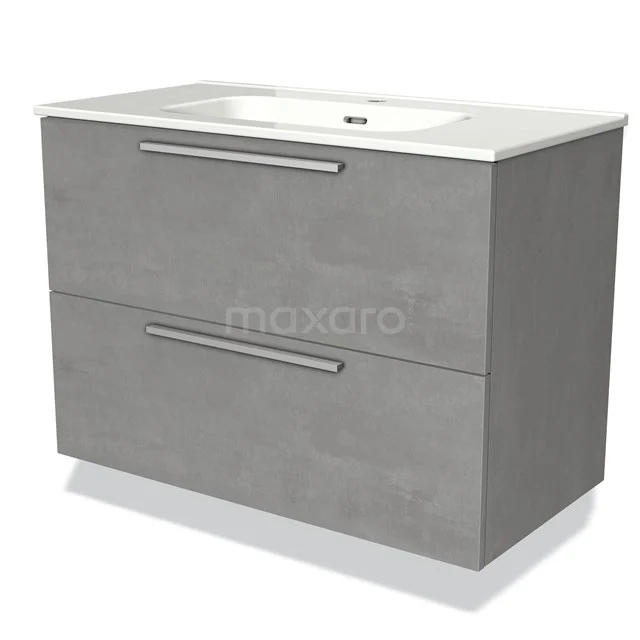 Grey bathroom furniture set with two drawers, modern concrete-look design and built-in basin. Perfect for storage space in the bathroom.
