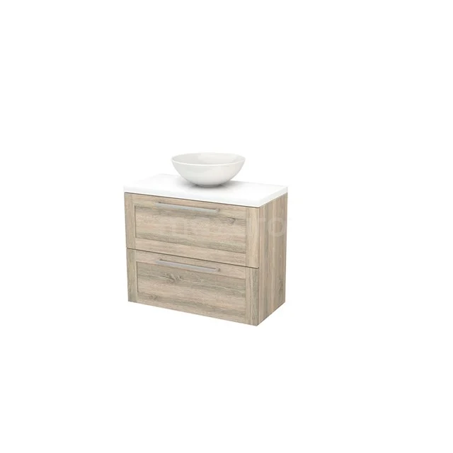 Oak Bathroom unit with two drawers and white surface-mounted bowl, compact design for modern bathrooms.
