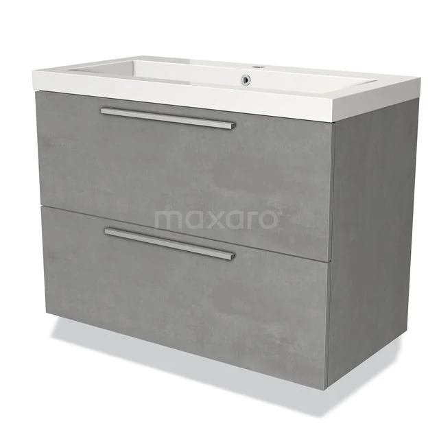 Grey bathroom unit with two drawers, modern concrete-look design, including white vanity units with basin and metal handles.