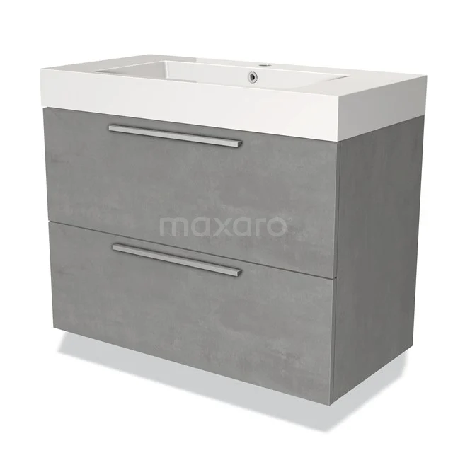 Graue Badmöbelset mit weißem Waschbecken, zwei Schubladen und modernem Design. Perfekt für stilvolle und kompakte Bäder.