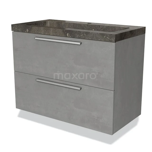 Grijze badkamermeubelset met betonlook, twee lades en een marmeren wasbak, ideaal voor een moderne badkamerstijl.