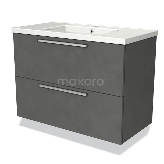 Grey vanity unit with two drawers, matt finish and ceramic basin; ideal for modern bathroom design.