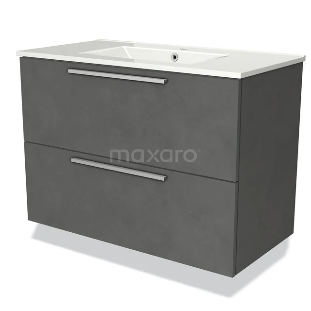 Grijze badmeubelset met dubbele lade, mat afwerking, keramische wastafel en strak design voor moderne badkamers.