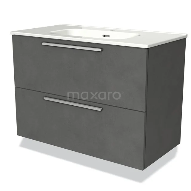 Grijze badkamermeubel met twee lades en geïntegreerde witte wastafel, modern design en geschikt voor stijlvolle badkamerinrichting.