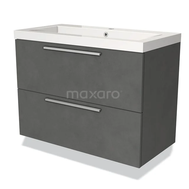 Grijze badkamermeubelset met twee lades, moderne uitstraling, keramische wastafel en metalen handgrepen.