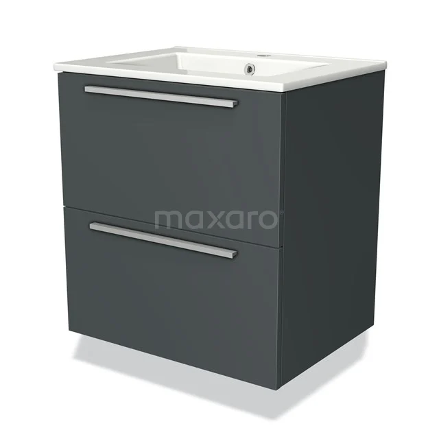 Donkergrijs badkamermeubel met 2 lades, moderne ontwerp, wit keramische wasbak, ideaal voor een compacte badkamer inrichting.