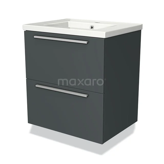 Antracietgrijze badkamermeubelset met keramische wastafel, twee lades en strakke handgrepen, ideaal voor moderne badkamers.