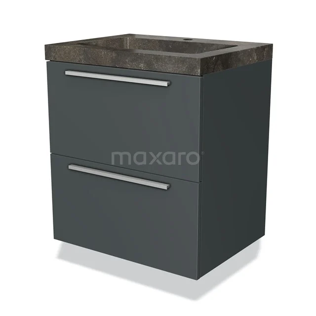 Donkergrijze badkamermeubel met twee lades, keramisch wastafelblad en strak design, ideaal voor moderne badkamerinrichting.