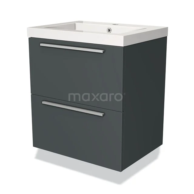 Donkergrijze badkamermeubelset met twee lades en een witte wastafel van keramiek, modern design voor een stijlvolle badkamer.
