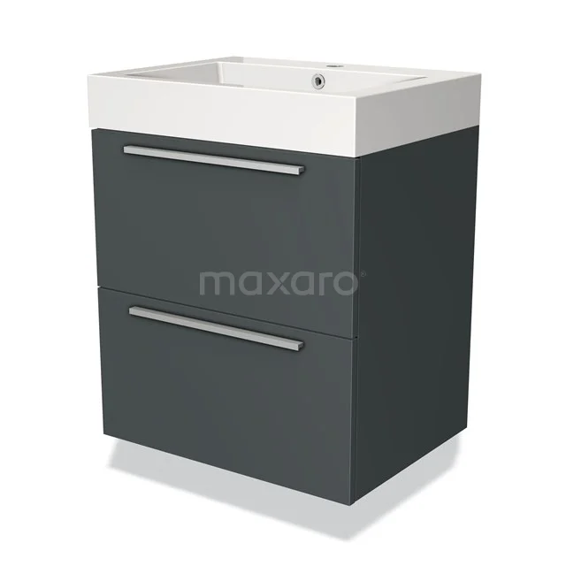 Donkergrijze badkamermeubelset met witte wastafel, strakke lades en chromen handgrepen, ideaal voor moderne badkamers.