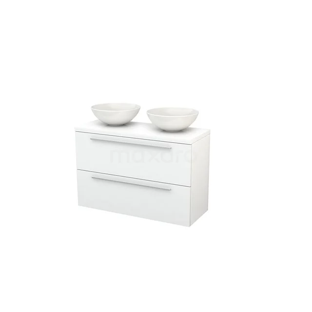 Modulo+ Plato Slim Vanity units for countertop basin | 100 cm High-gloss white Flat front High-gloss white worktop 2 Stacked drawers BMD000121 White Bathroom unit with two drawers, double basin and sleek chrome handles, ideal for modern bathrooms.