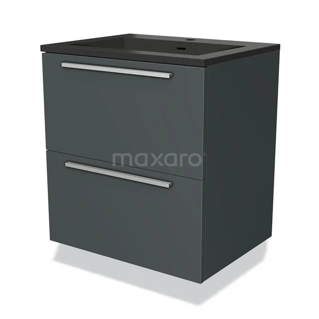 Dark grey bathroom cabinet with black basin, two drawers and chrome handles, modern design and compact size.