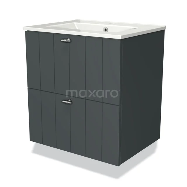 Dark grey wooden bathroom cabinet with white ceramic basin, two drawers and a sleek modern design.