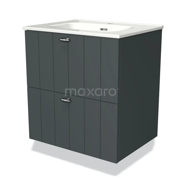 Modulo Vanity units with basin | 60 cm Dark grey Slat front Ceramic 2 Stacked drawers BMW17-02287 Dark grey, wooden Bathroom cabinet with two drawers and integrated basin, modern design for a stylish bathroom.