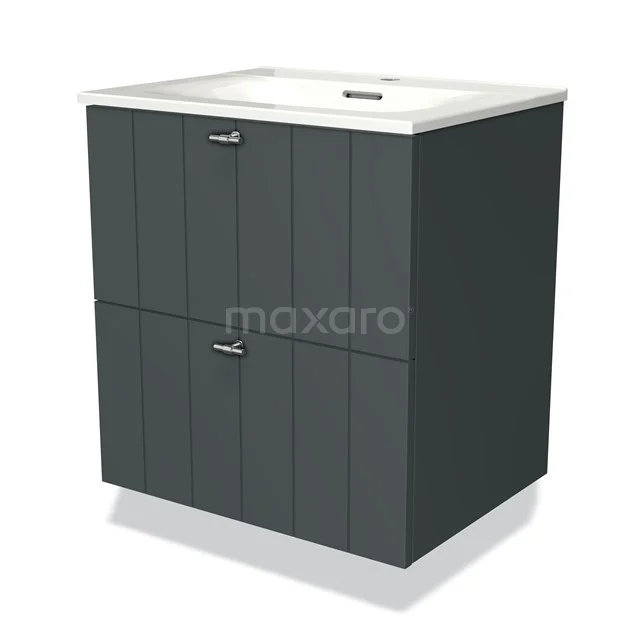 Modern grey bathroom furniture set with basin, vertical lines and metal Handles, perfect for a stylish bathroom.