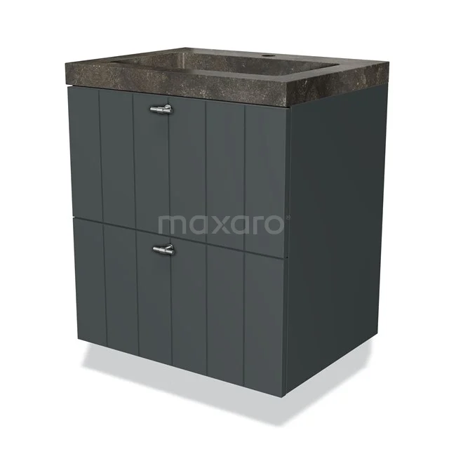 Dunkelgrauer Waschbeckenunterschrank mit Holzlook Platte, vertikalen Linien und zwei Schubladen, ideal für einen modernen Badezimmer Stil.