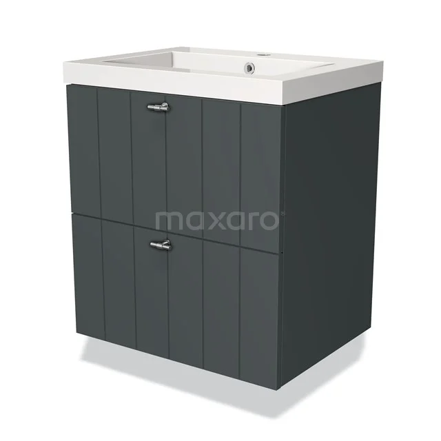 Grauer Badschrank mit Waschbecken, modernes Design, zwei Schubladen und weißem keramischen Waschbecken; ideal für stilvolle Badezimmer.