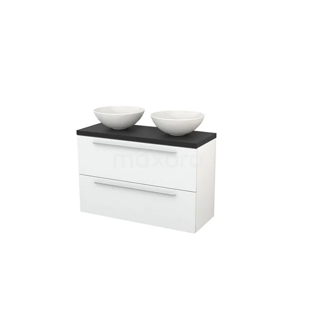 White vanity unit with two round countertop wash basins, black top and double drawer unit, perfect for a modern bathroom.