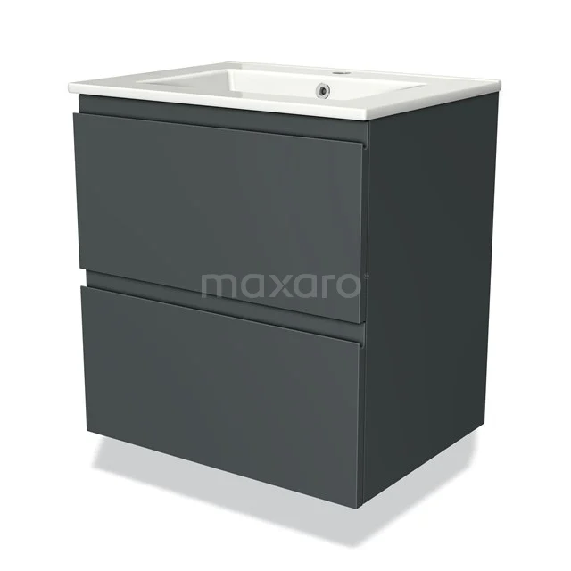 Donkergrijze badkamermeubelset met twee lades en een witte keramische wasbak, modern en strak design.