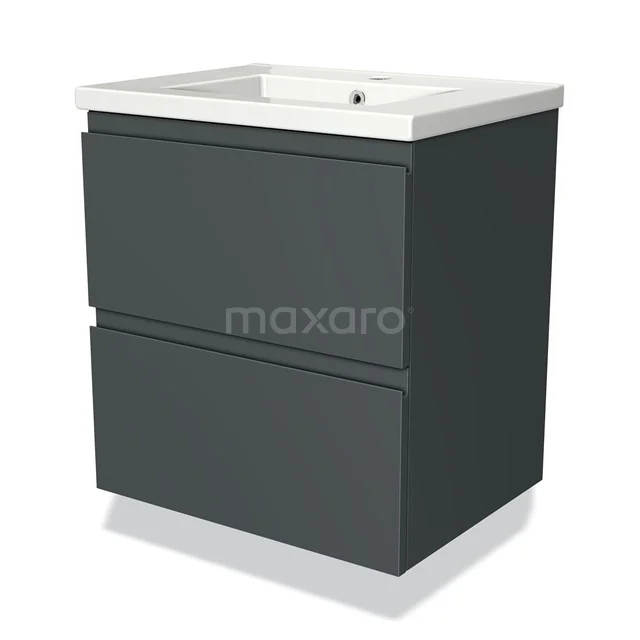 Donkergrijze badkamerkast met twee lades en een witte wasbak, strak design van houtcomposiet, ideaal voor moderne badkamers.