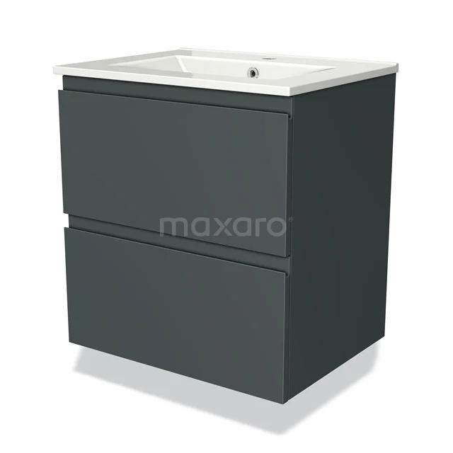 Donkergrijze badkamermeubelset met twee lades, strak design en witte keramische wastafel, ideaal voor moderne badkamers.