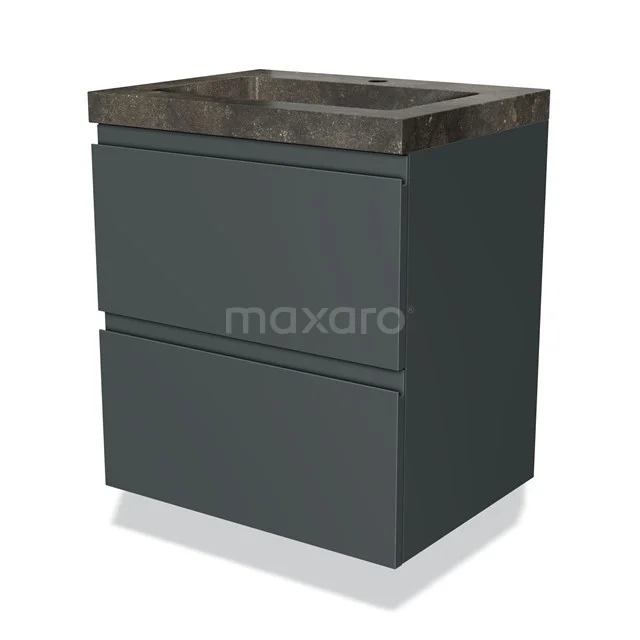 Dunkelgrauer Badschrank mit 2 Schubladen, Holzplatte und eingebautem Waschbecken. Modernes Design, ideal für Badezimmerlagerung.