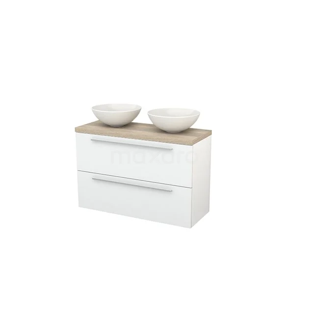 Modulo+ Plato Slim Vanity units for countertop basin | 100 cm High-gloss white Flat front Oak worktop 2 Stacked drawers BMD000123 White vanity unit with wood-look worktop, double round basins, modern style; ideal for bathroom storage space.