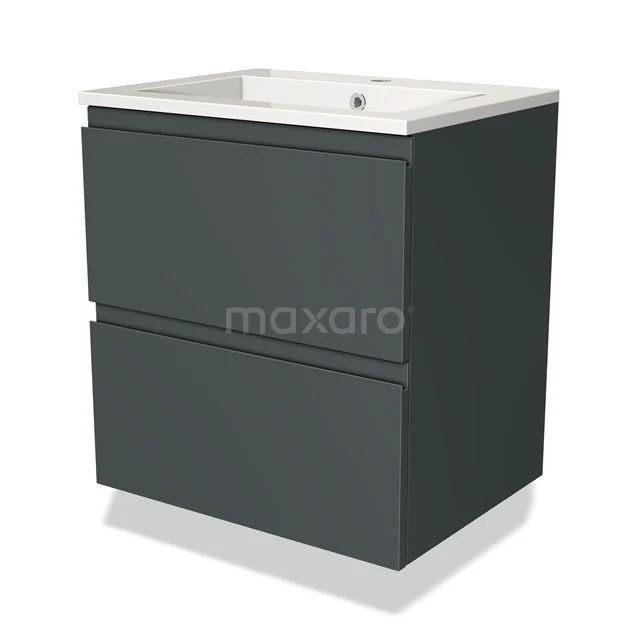 Donkergrijze badkamerkast met twee lades en geïntegreerde wastafel, modern design en gladde afwerking.