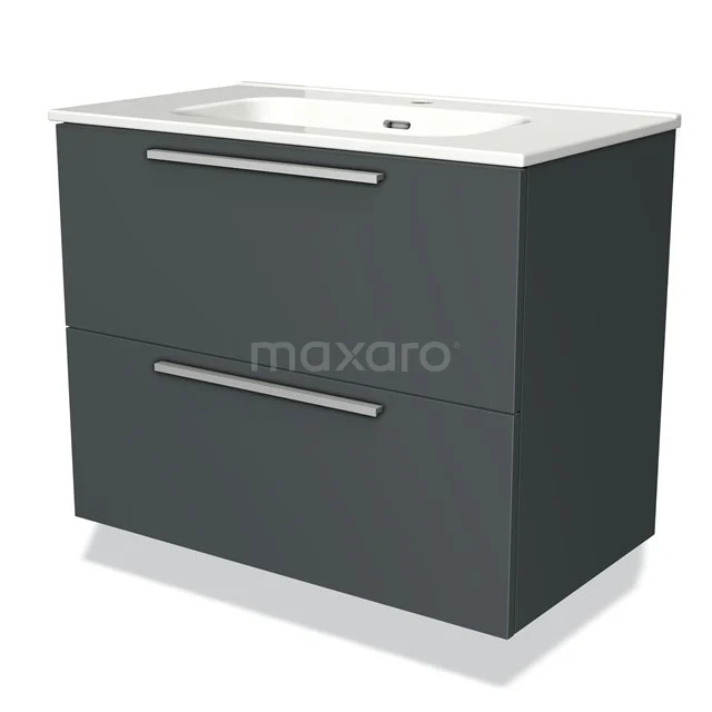 Donkergrijze badkamermeubel met twee lades, witte wastafel en strak design; ideaal voor moderne badkamers.
