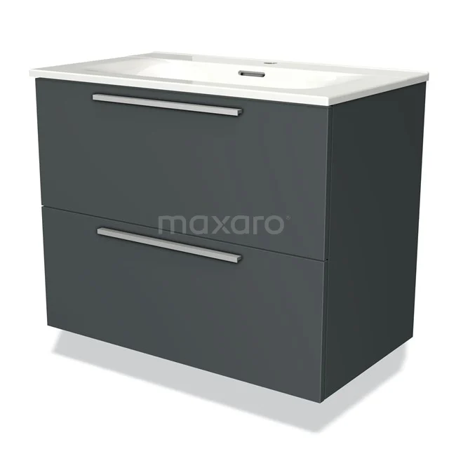 Grey bathroom furniture set with two drawers, rectangular shape, white ceramic basin, modern design.