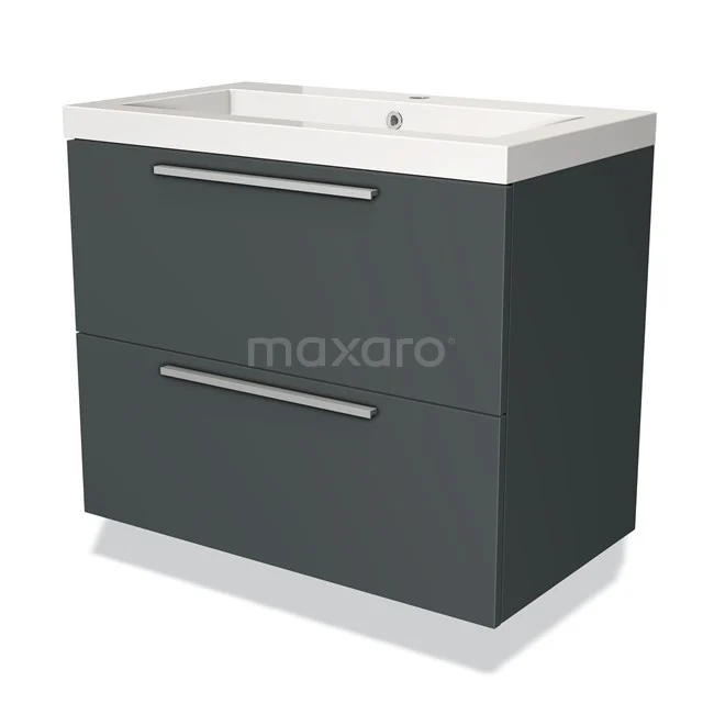 Donkergrijze badkamermeubelset met twee lades, minimalistisch design en keramische wastafel, perfect voor moderne badkamers.