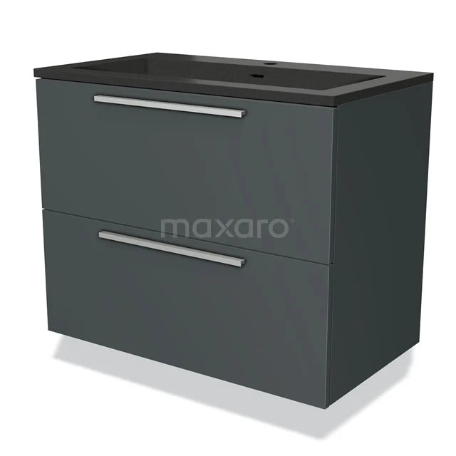 Modulo Vanity units with basin | 80 cm Dark grey Flat front Quartz 2 Stacked drawers BMW17-02317 Dark grey bathroom unit with two spacious drawers, metal handles and matt black worktop, perfect for modern bathroom design.