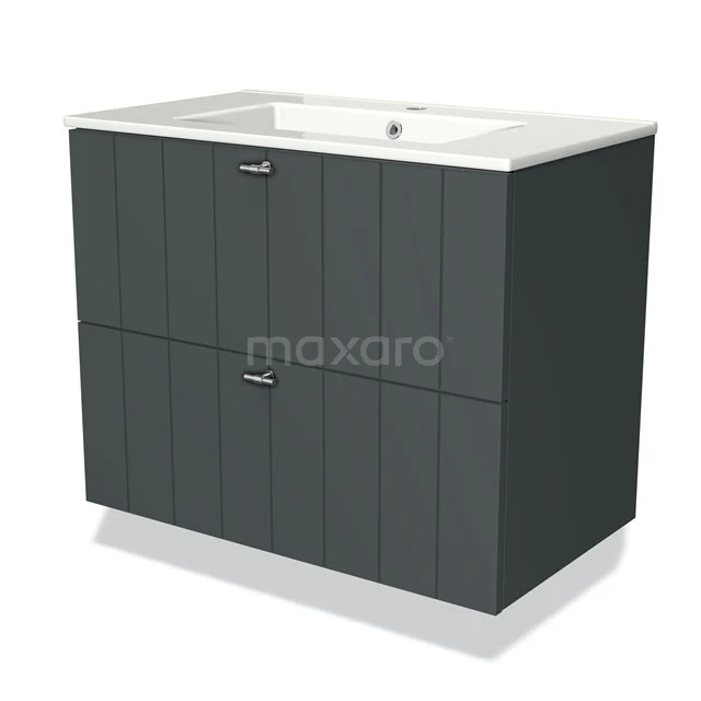 Grey bathroom unit with double drawers, vertical line pattern and ceramic vanity units with basin, modern design.