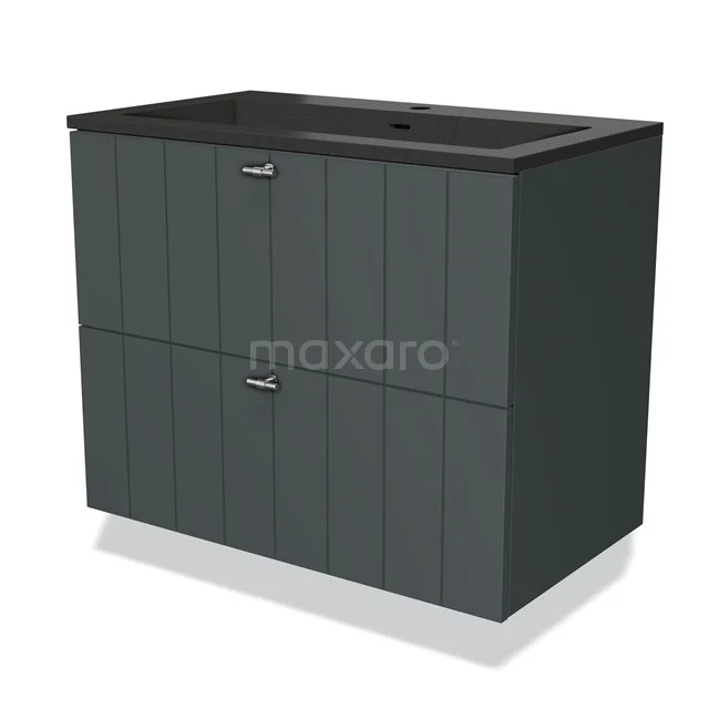 Modulo Bathroom furniture with sink | 80 cm Dark grey Slat front Quartz 2 Stacked drawers BMW17-02329 Dark grey bathroom furniture set with vertical grooves, two drawers and black basin worktop, modern and sleek design.