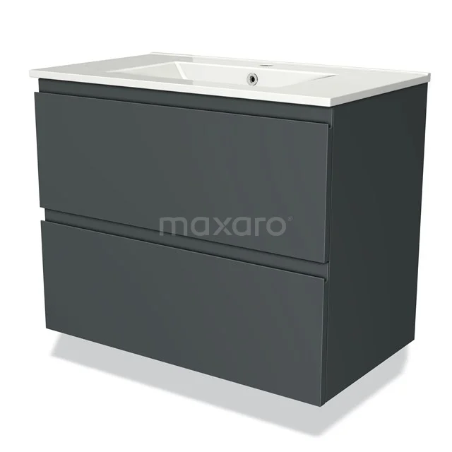 Donkergrijze badkamermeubelset met twee lades, witte keramische wastafel en strak design, ideaal voor moderne badkamers.