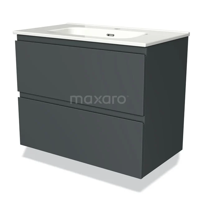 Moderne antracietgrijze badkamerkast met twee lades en wit wastafelblad, ideaal voor extra opbergruimte in de badkamer.