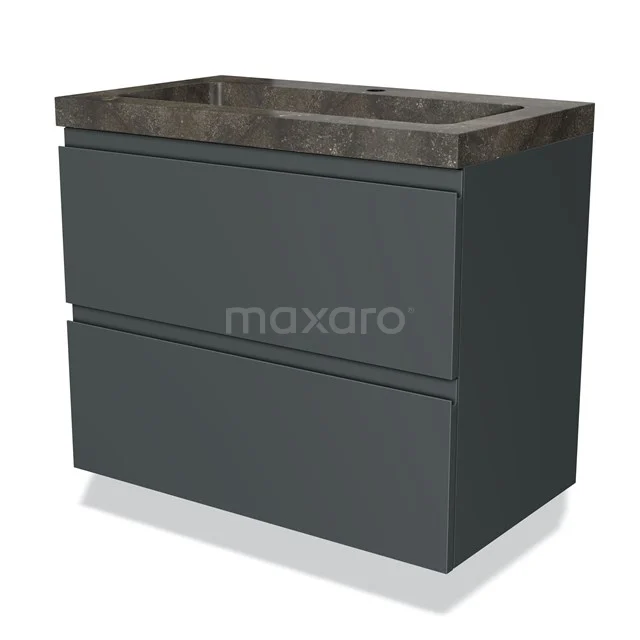 Antraciet badkamermeubel met betonlook wastafel, strakke lijnen, 2 lades voor opbergruimte, perfect voor een moderne badkamer.