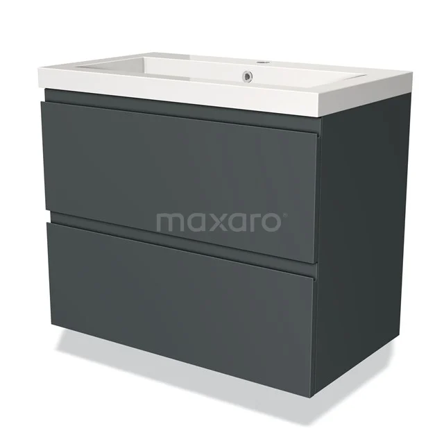 Grijze badkamermeubelset met twee soft-close lades en witte wastafel, moderne uitvoering in hoogwaardig materiaal.