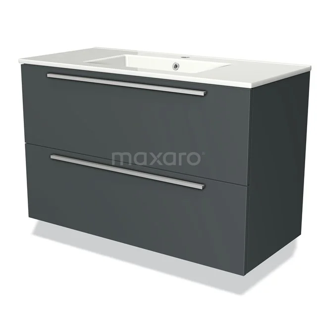 Grijs badkamermeubel met twee brede lades en een witte wastafel, strak design, ideaal voor moderne badkamers.