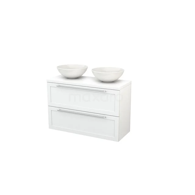 Modulo+ Plato Slim Badmöbel mit Aufsatzwaschbecken | 100 cm Hochglanz Weiß Rahmen front Hochglanz Weiß blatt 2 übereinanderliegende Schubladen BMD000131 Weißes Badezimmermöbel mit zwei Schubladen und Doppelwaschbecken, modernes Design, ideal für ein stilvolles und organisiertes Badezimmer.