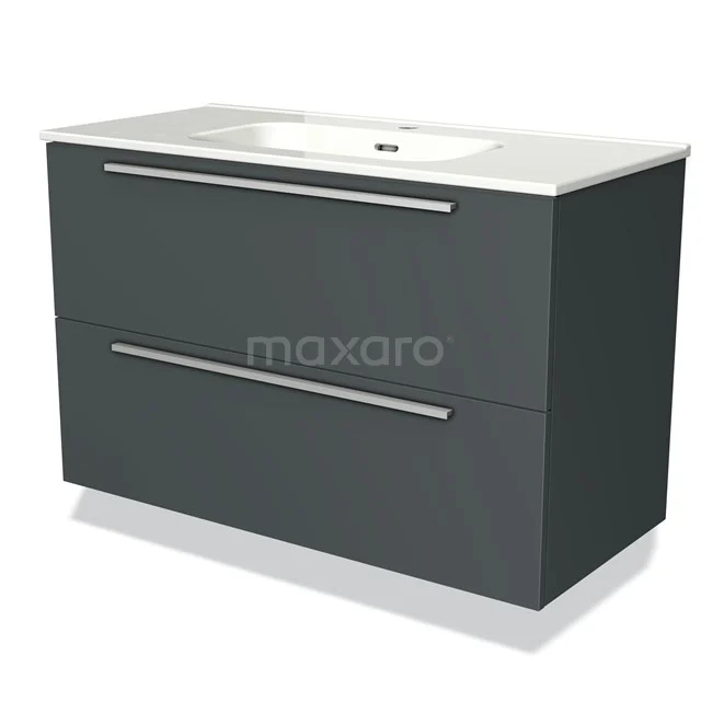 Antraciet badkamermeubel met twee lades, strakke metalen grepen en geïntegreerde witte wastafel, modern design.