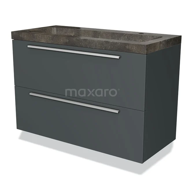 Grijze badkamerkast met twee lades, geïntegreerde natuurstenen wasbak en modern design. Perfect voor stijlvolle badkamerinrichting.