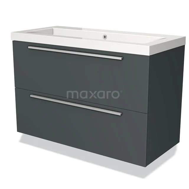 Grey vanity set with two drawers, modern design and white ceramic basin worktop, ideal for stylish bathroom design.
