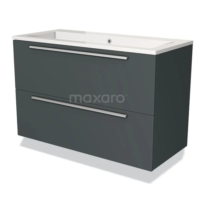 Donkergrijze wastafelmeubel met dubbele lades, modern design en strakke lijnen, perfect voor een stijlvolle badkamer.