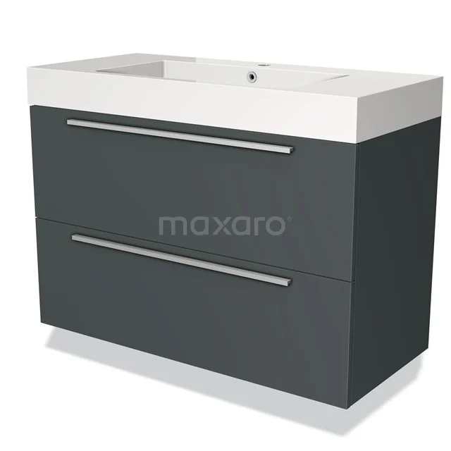 Donkergrijze badkamermeubel met twee lades en een witte wastafel, strak design van duurzame materialen.