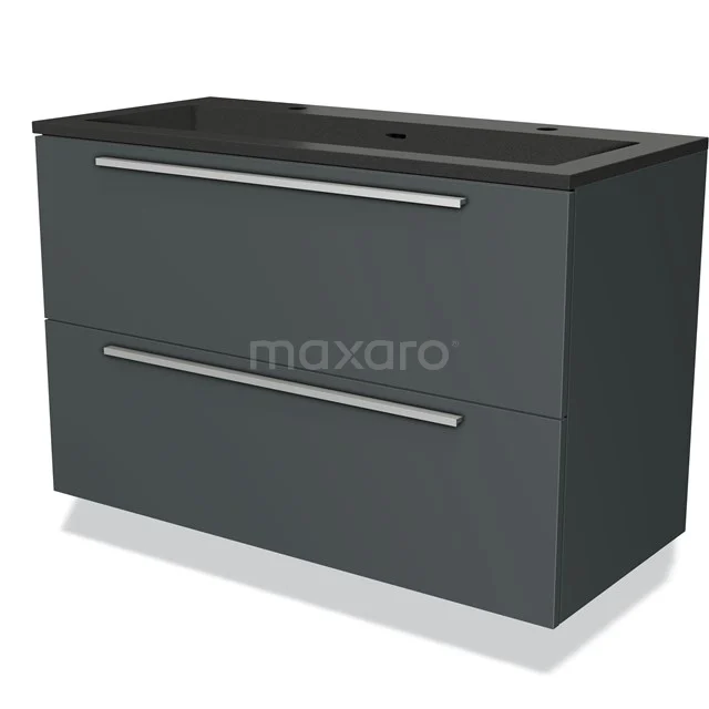 Modulo Bathroom furniture with sink | 100 cm Dark grey Flat front Quartz 2 Stacked drawers BMW17-02356 Anthracite-grey vanity unit with two drawers, sleek handles and matt black worktop, ideal for a modern bathroom.