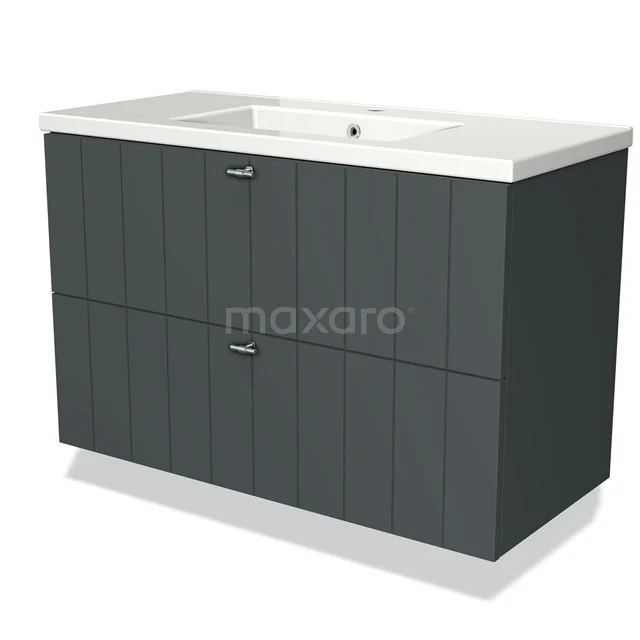 Dark grey bathroom unit with two drawers, wood grain design and white ceramic sink, modern and practical.